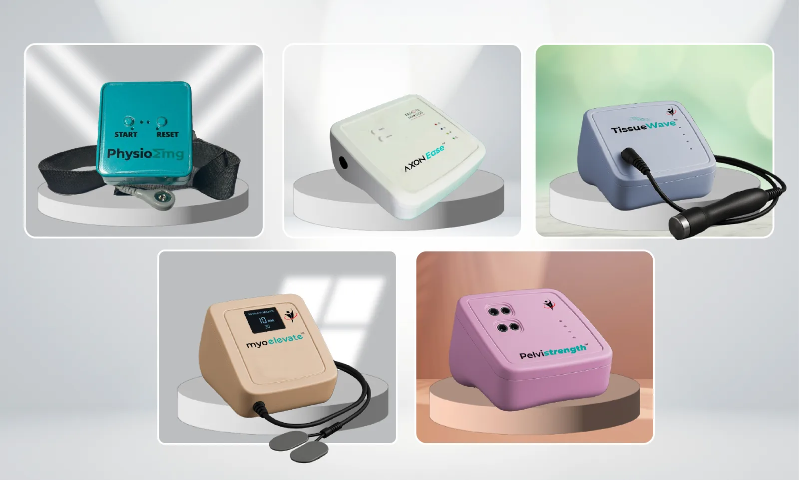 The Remote Physios device kit: PhysioEmg, AxonEase, TissueWave, MyoElevate and PelviStrength units.