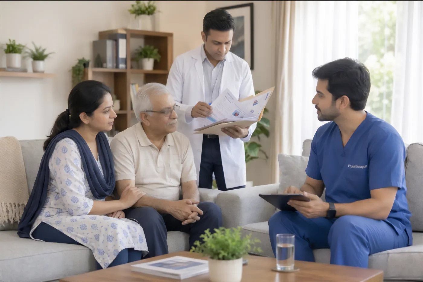 A physiotherapist and a doctor going through a printed progress report with a patient and their family at home.